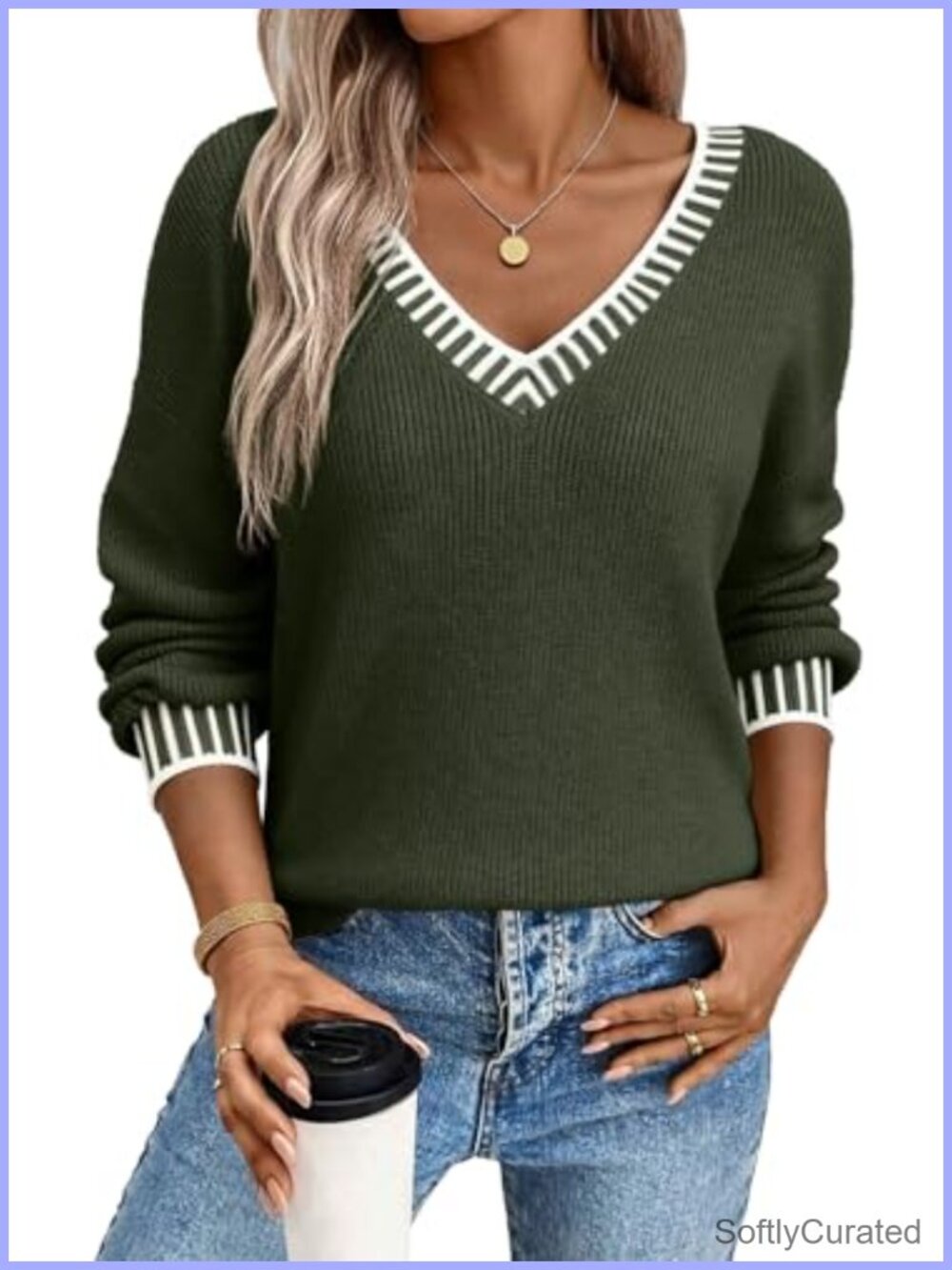 V Neck Long Sleeve Contrast Knit Pullover Sweater